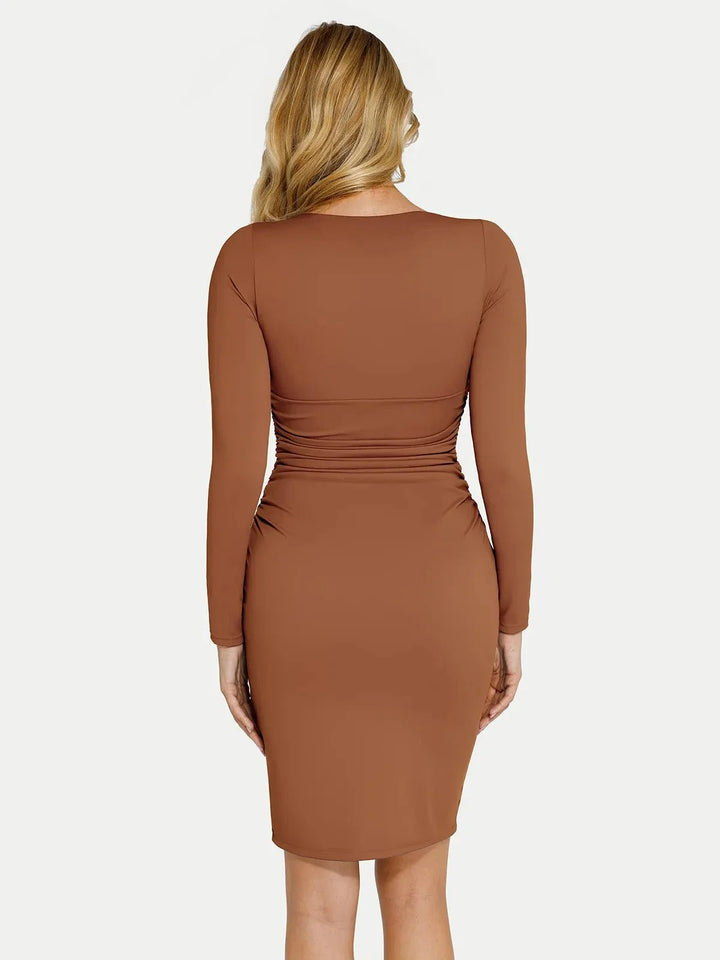 Shapewear Long Sleeve V-Neck Ruched Bodycon Midi Dress - Modefluss