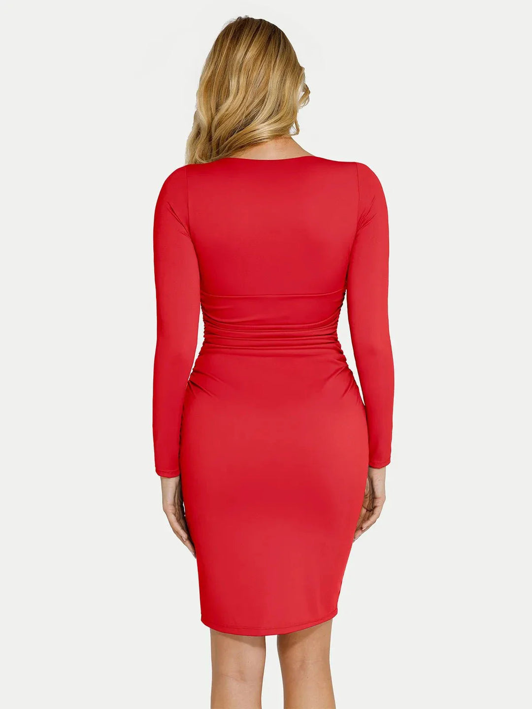 Shapewear Long Sleeve V-Neck Ruched Bodycon Midi Dress - Modefluss