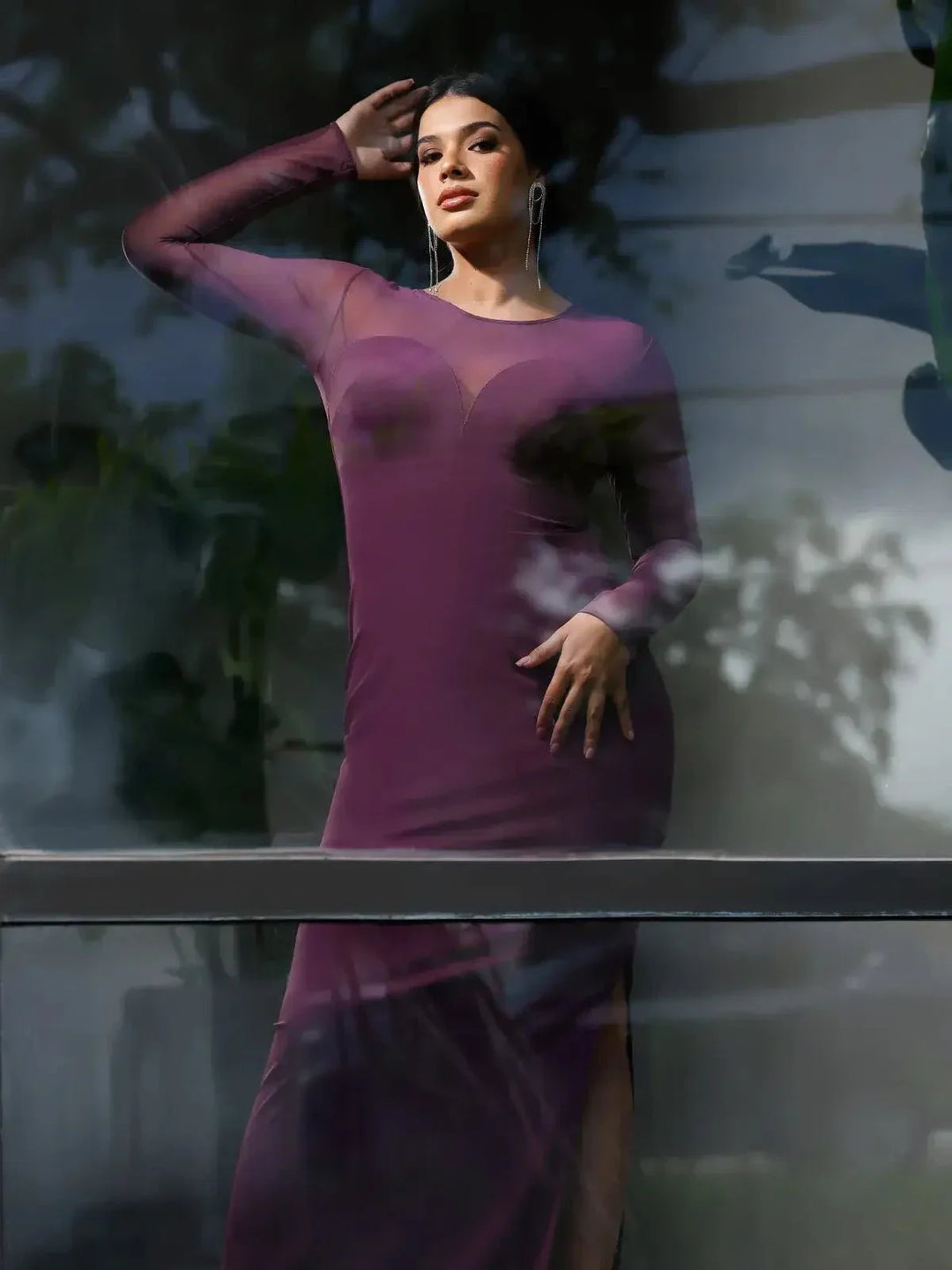 Shapewear Mesh Long Sleeve V-Back Slimming Maxi Dress - Modefluss
