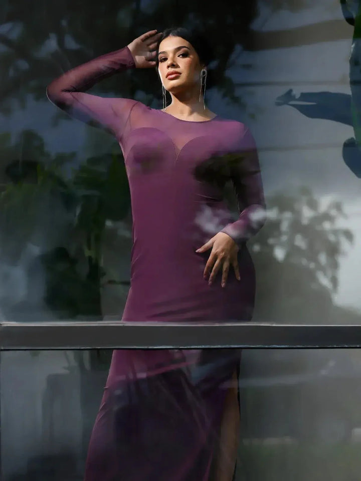 Shapewear Mesh Long Sleeve V-Back Slimming Maxi Dress - Modefluss