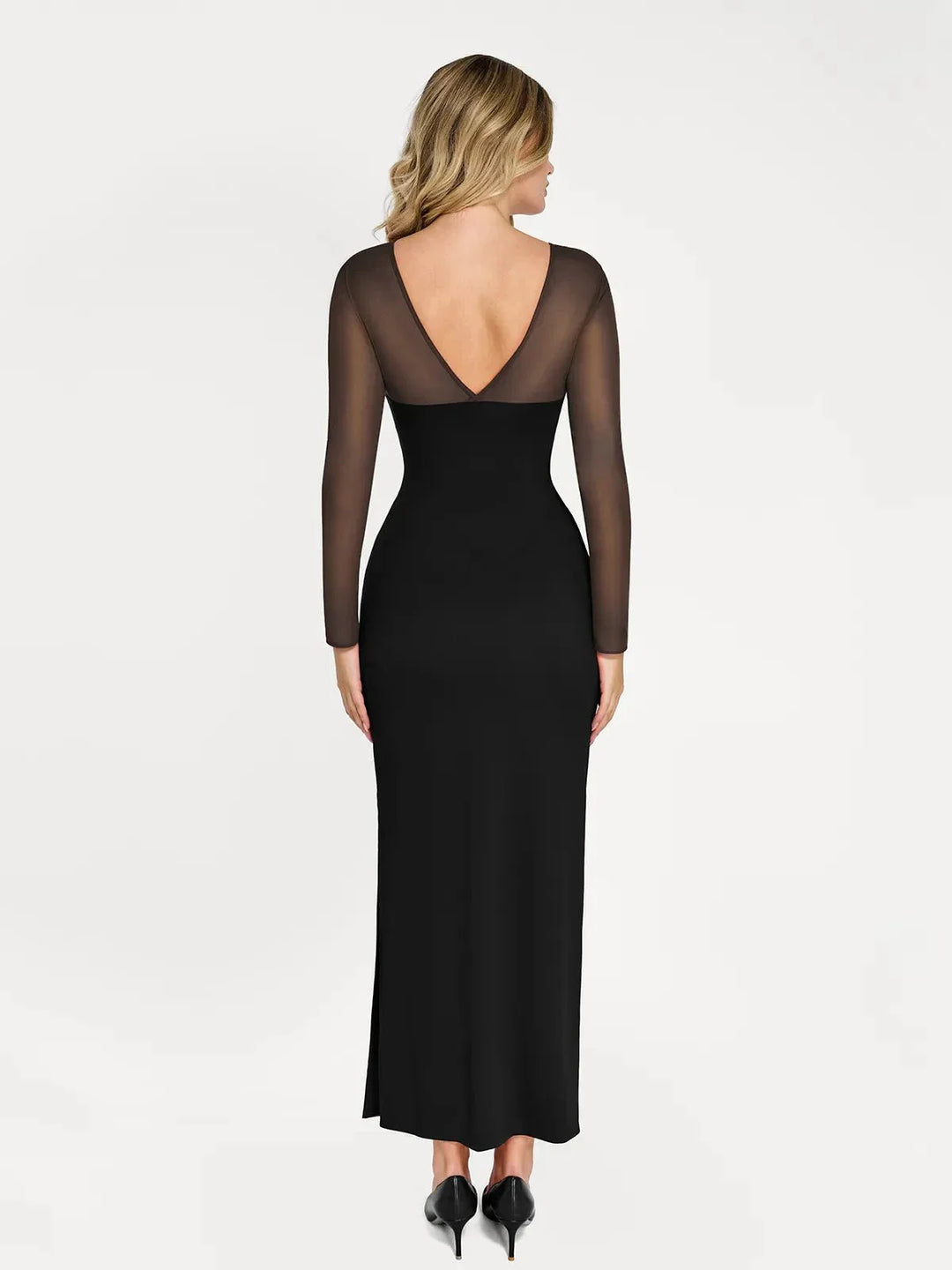 Shapewear Mesh Long Sleeve V-Back Slimming Maxi Dress - Modefluss