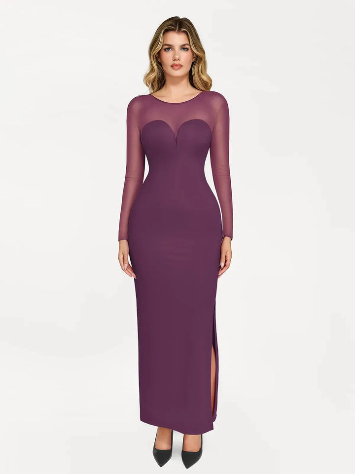 Shapewear Mesh Long Sleeve V-Back Slimming Maxi Dress - Modefluss