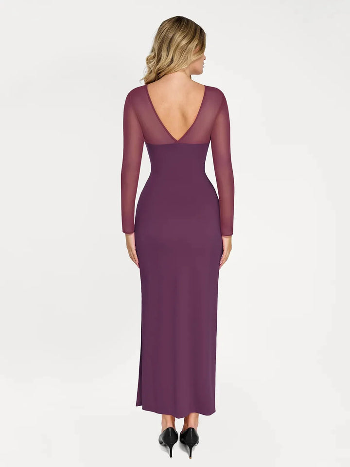 Shapewear Mesh Long Sleeve V-Back Slimming Maxi Dress - Modefluss