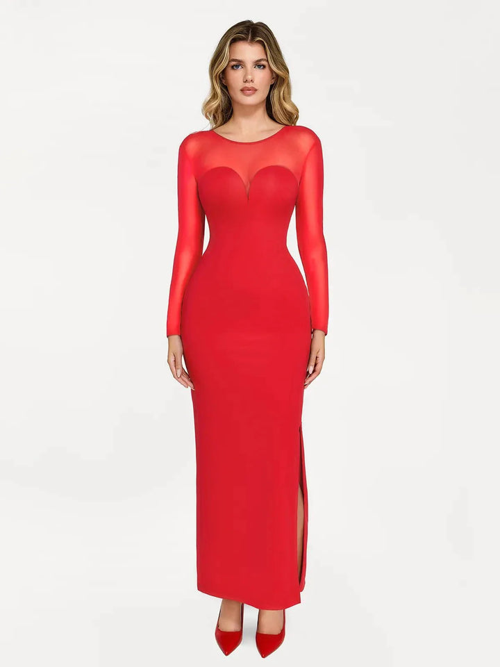 Shapewear Mesh Long Sleeve V-Back Slimming Maxi Dress - Modefluss