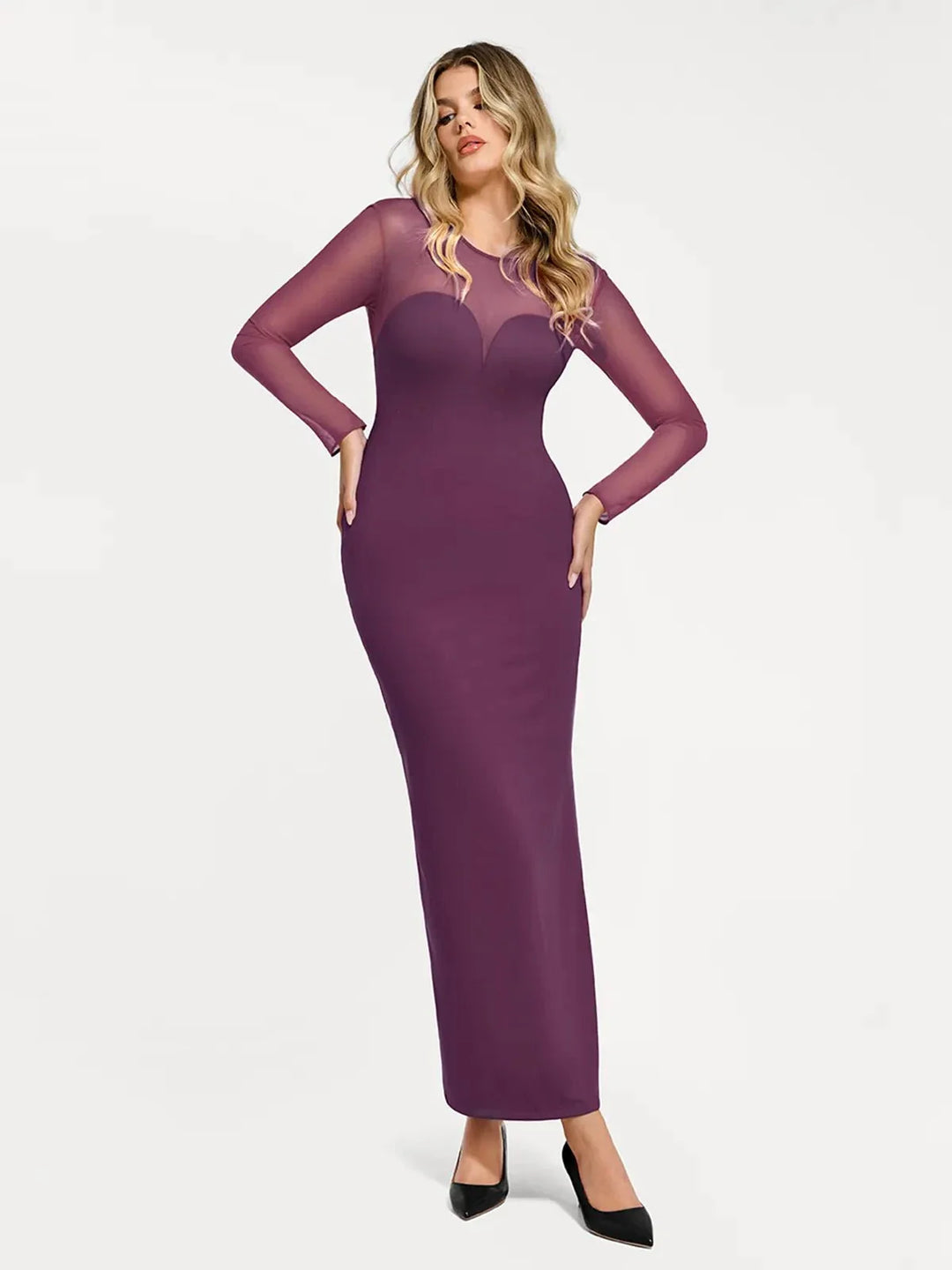 Shapewear Mesh Long Sleeve V-Back Slimming Maxi Dress - Modefluss