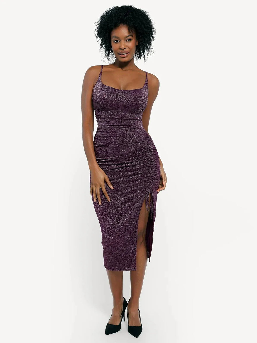 Shapewear Metallic Knit Bodycon Sculpting Midi Slip Dress - Modefluss