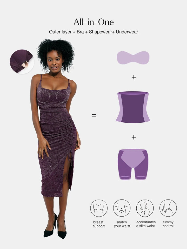 Shapewear Metallic Knit Bodycon Sculpting Midi Slip Dress - Modefluss