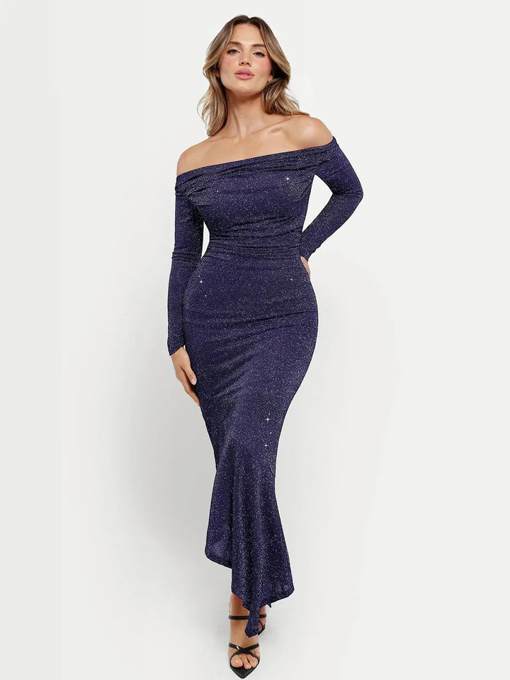 Shapewear Metallic Knit Long Sleeve Slim Mermaid Maxi Dress - Modefluss