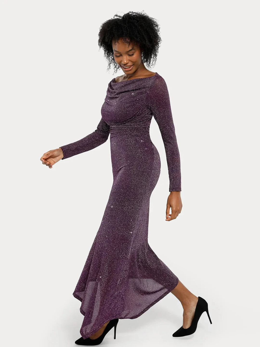 Shapewear Metallic Knit Long Sleeve Slim Mermaid Maxi Dress - Modefluss