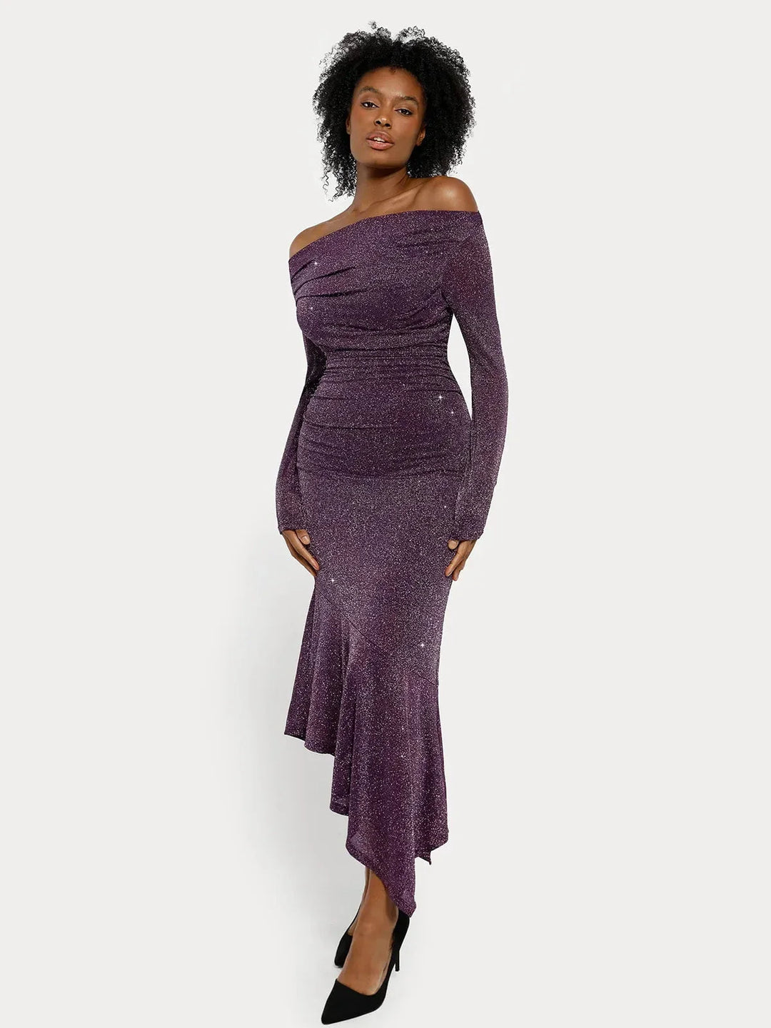 Shapewear Metallic Knit Long Sleeve Slim Mermaid Maxi Dress - Modefluss