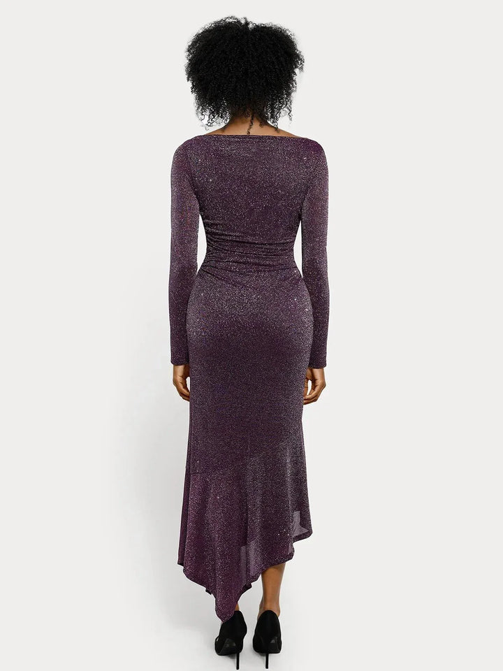 Shapewear Metallic Knit Long Sleeve Slim Mermaid Maxi Dress - Modefluss
