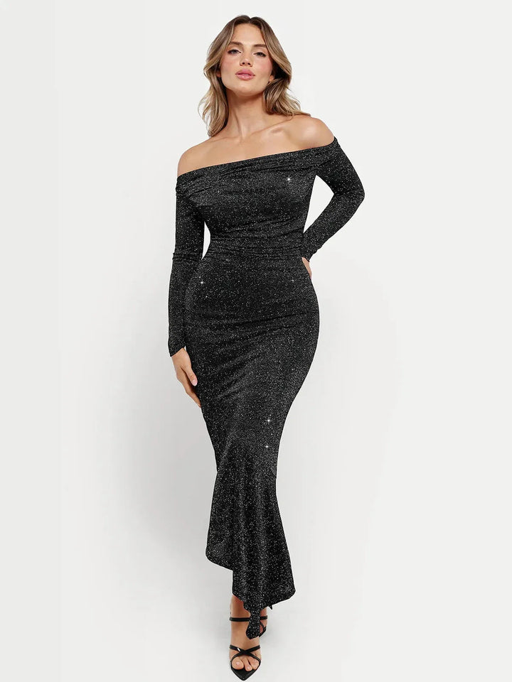 Shapewear Metallic Knit Long Sleeve Slim Mermaid Maxi Dress - Modefluss