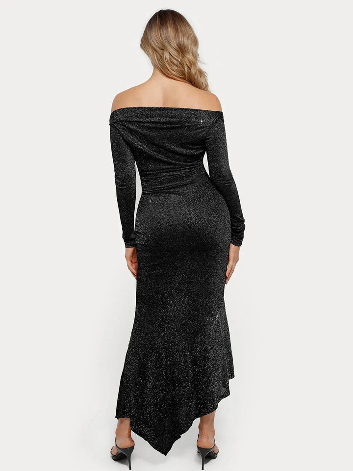 Shapewear Metallic Knit Long Sleeve Slim Mermaid Maxi Dress - Modefluss