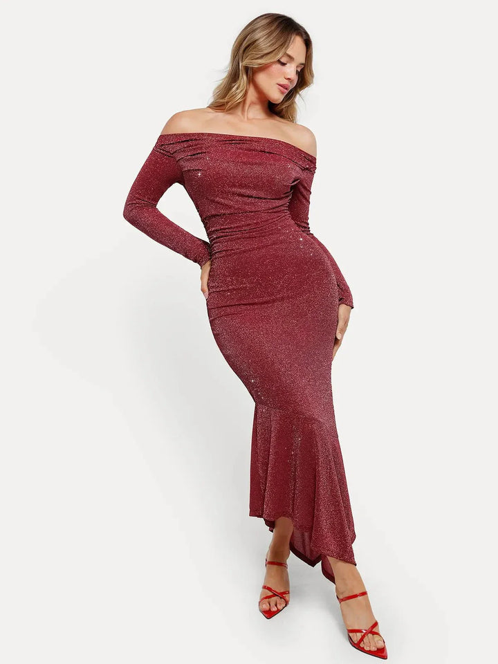 Shapewear Metallic Knit Long Sleeve Slim Mermaid Maxi Dress - Modefluss