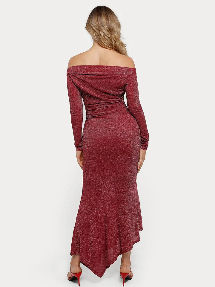 Shapewear Metallic Knit Long Sleeve Slim Mermaid Maxi Dress - Modefluss