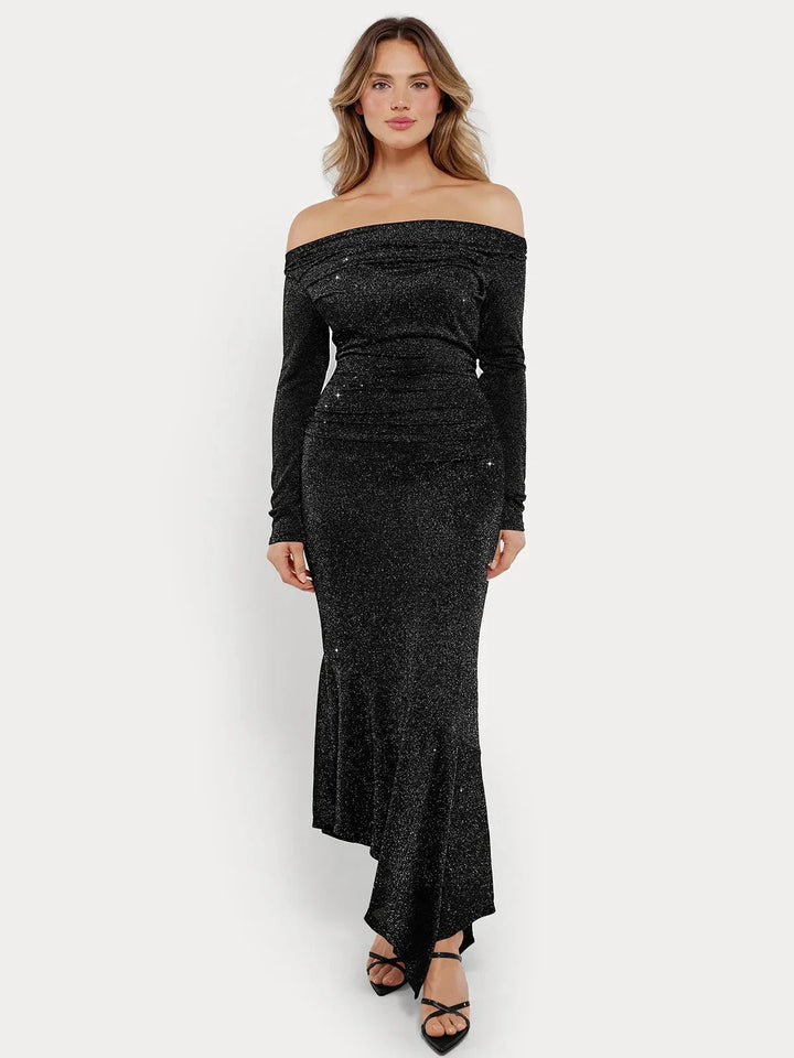 Shapewear Metallic Knit Long Sleeve Slim Mermaid Maxi Dress - Modefluss