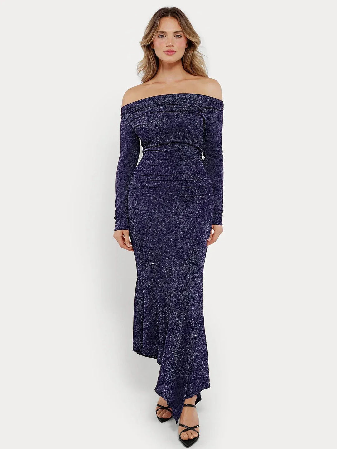Shapewear Metallic Knit Long Sleeve Slim Mermaid Maxi Dress - Modefluss