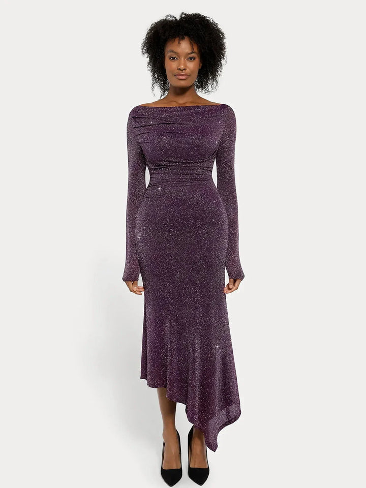 Shapewear Metallic Knit Long Sleeve Slim Mermaid Maxi Dress - Modefluss