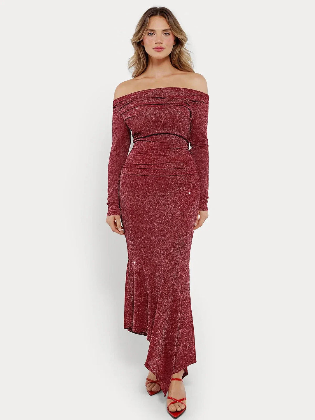 Shapewear Metallic Knit Long Sleeve Slim Mermaid Maxi Dress - Modefluss
