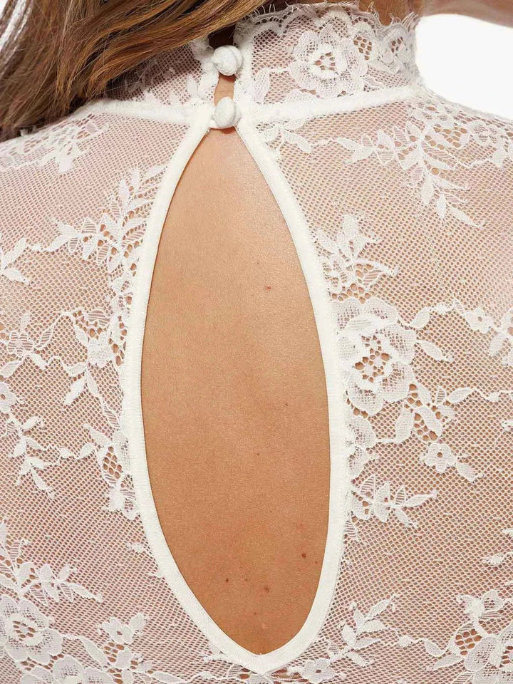 Shapewear Mock Neck Long Sleeve Floral Lace Bodysuit - Modefluss