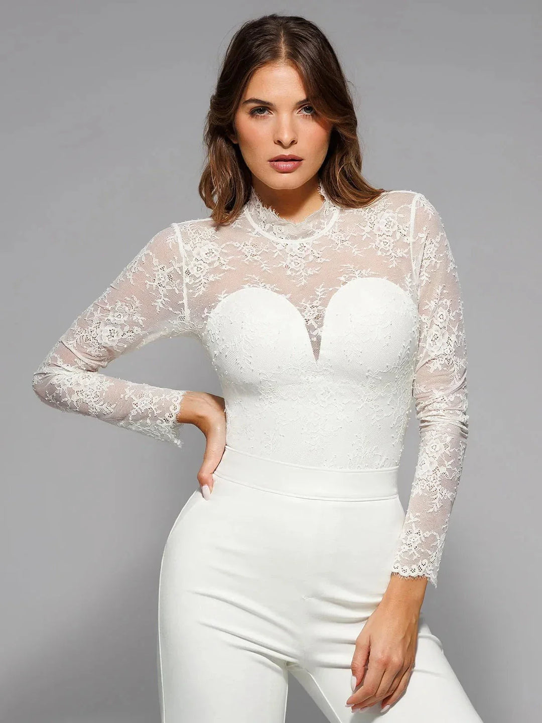 Shapewear Mock Neck Long Sleeve Floral Lace Bodysuit - Modefluss