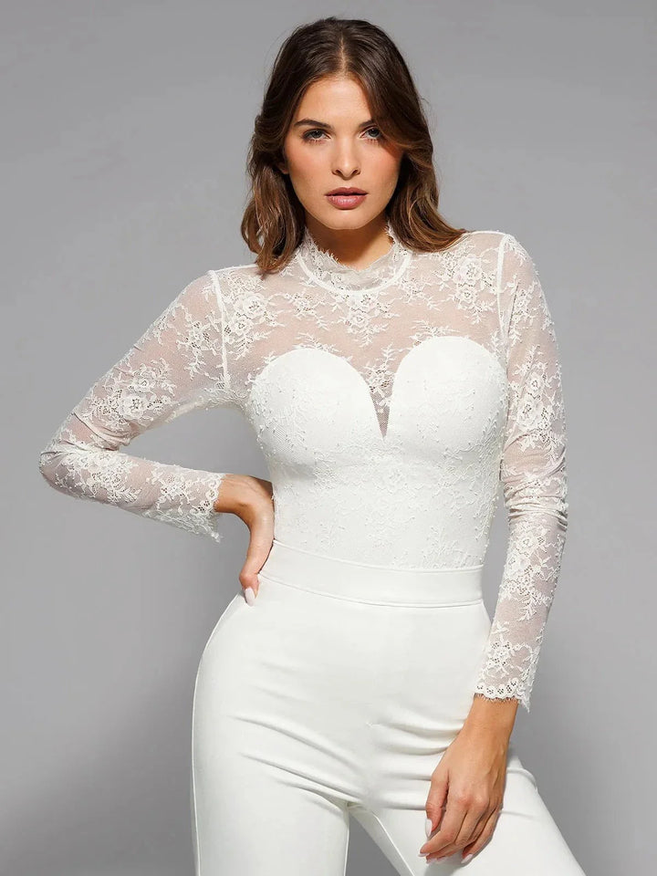 Shapewear Mock Neck Long Sleeve Floral Lace Bodysuit - Modefluss