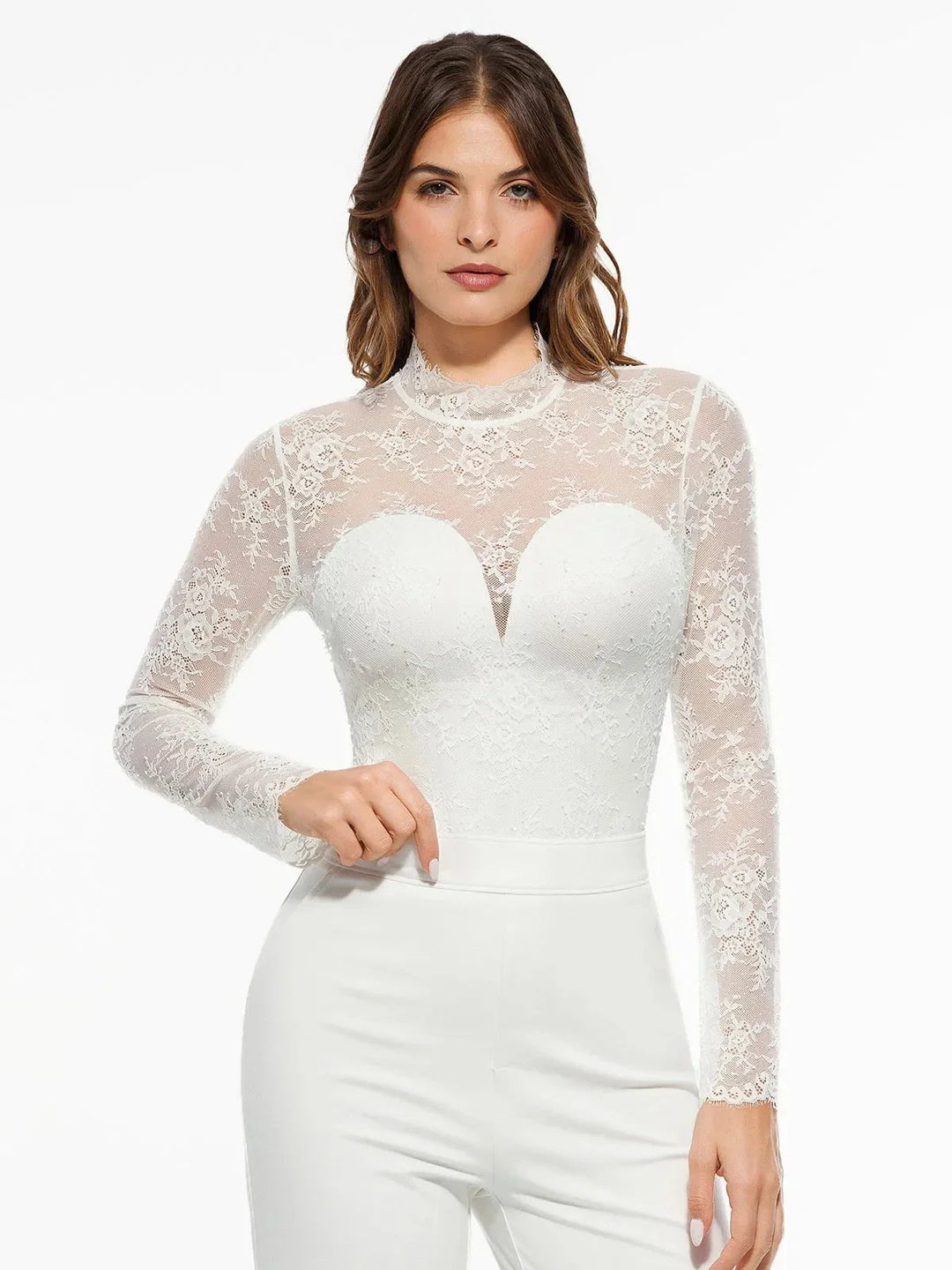 Shapewear Mock Neck Long Sleeve Floral Lace Bodysuit - Modefluss