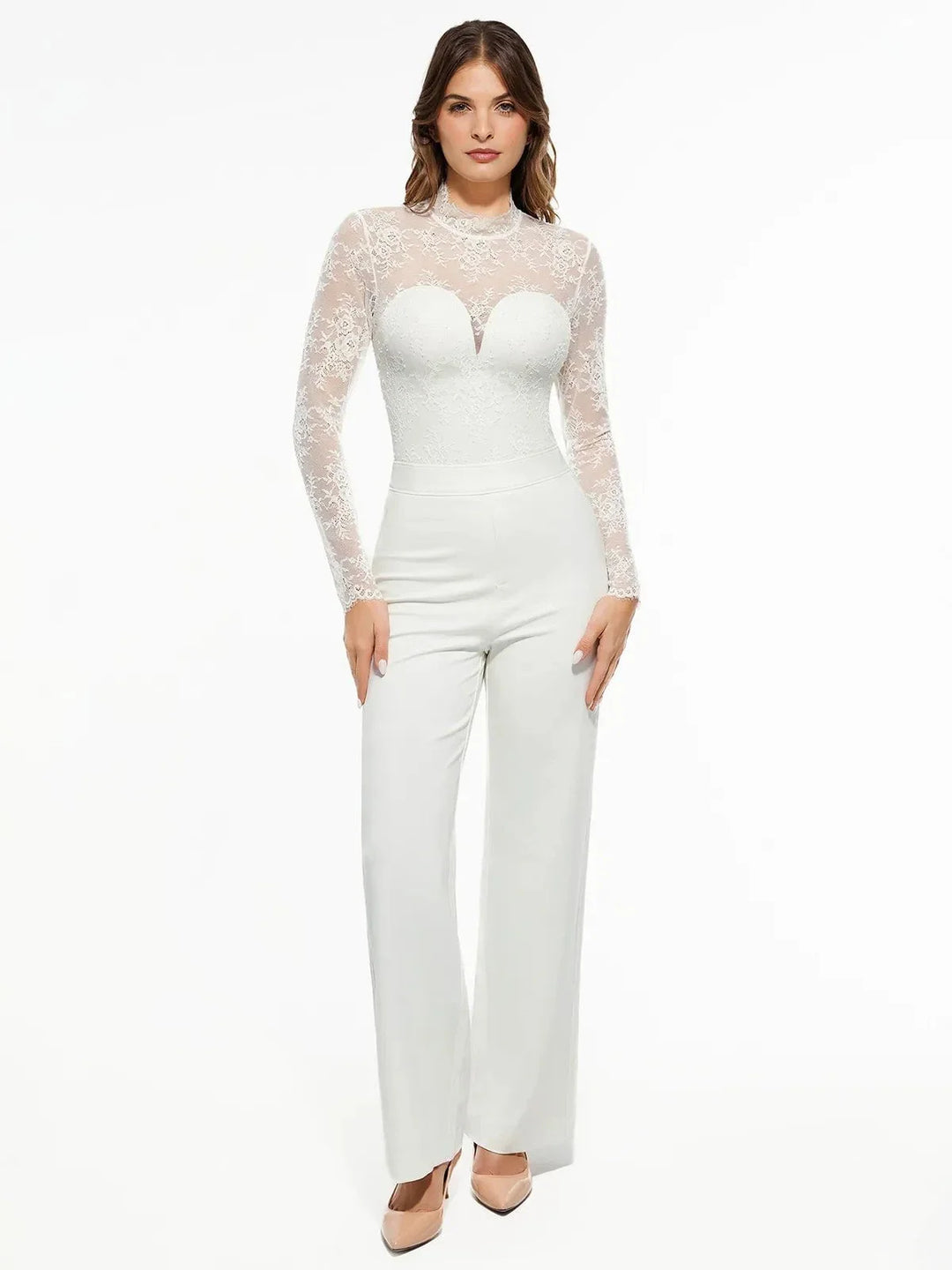 Shapewear Mock Neck Long Sleeve Floral Lace Bodysuit - Modefluss