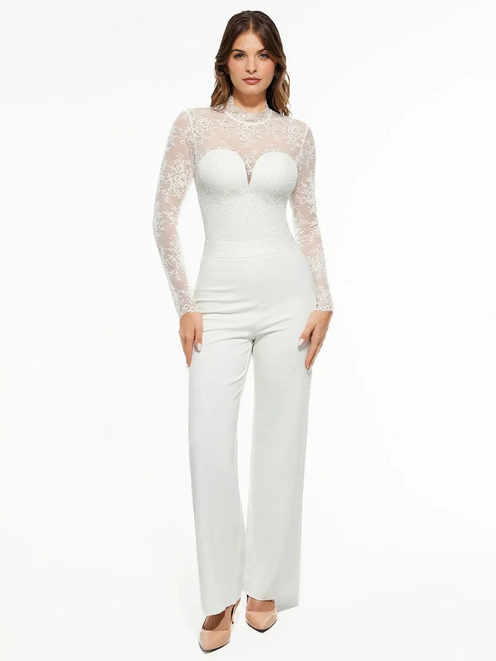 Shapewear Mock Neck Long Sleeve Floral Lace Bodysuit - Modefluss
