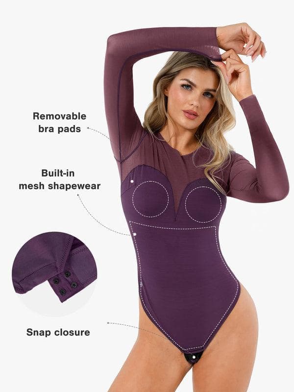 Shapewear Mock Neck Long Sleeve Floral Lace Bodysuit - Modefluss