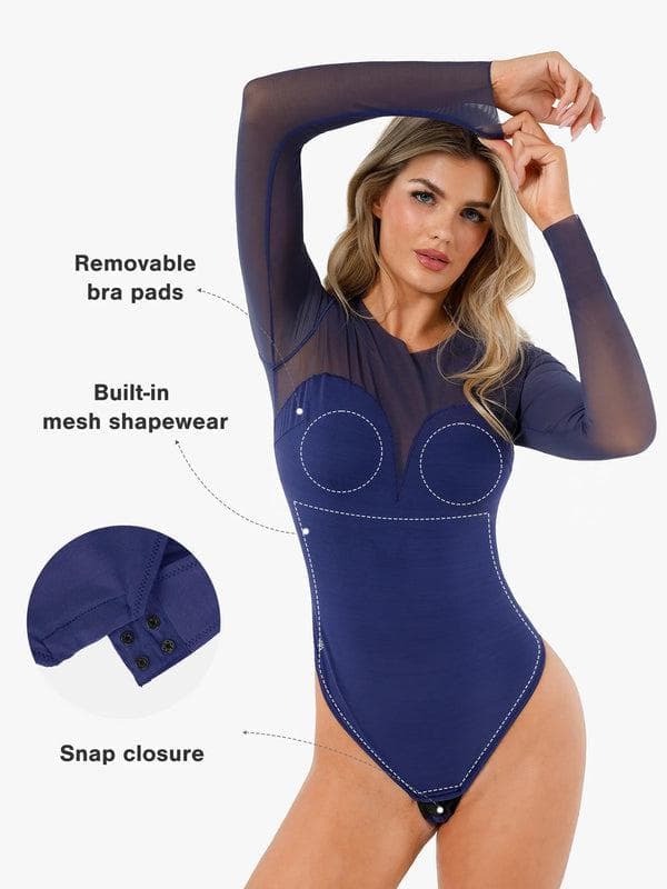 Shapewear Mock Neck Long Sleeve Floral Lace Bodysuit - Modefluss
