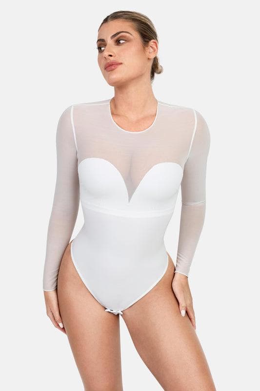 Shapewear Mock Neck Long Sleeve Floral Lace Bodysuit - Modefluss