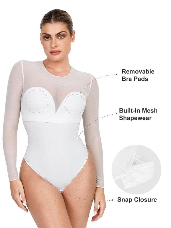Shapewear Mock Neck Long Sleeve Floral Lace Bodysuit - Modefluss