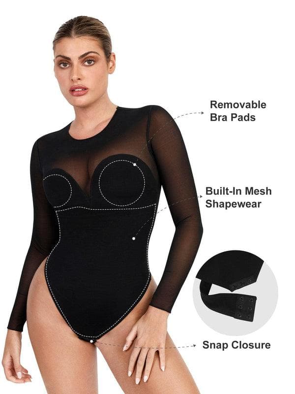 Shapewear Mock Neck Long Sleeve Floral Lace Bodysuit - Modefluss