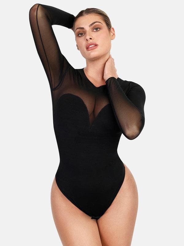 Shapewear Mock Neck Long Sleeve Floral Lace Bodysuit - Modefluss