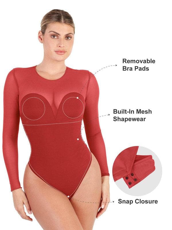 Shapewear Mock Neck Long Sleeve Floral Lace Bodysuit - Modefluss