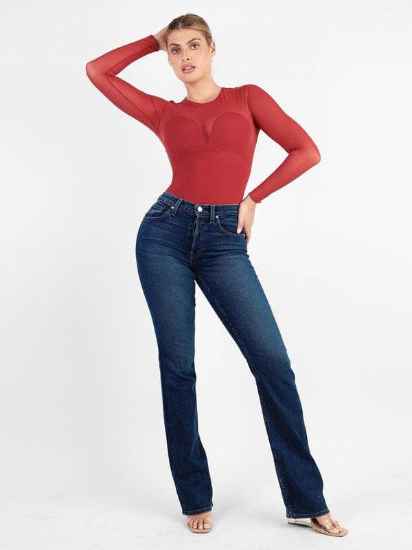 Shapewear Mock Neck Long Sleeve Floral Lace Bodysuit - Modefluss