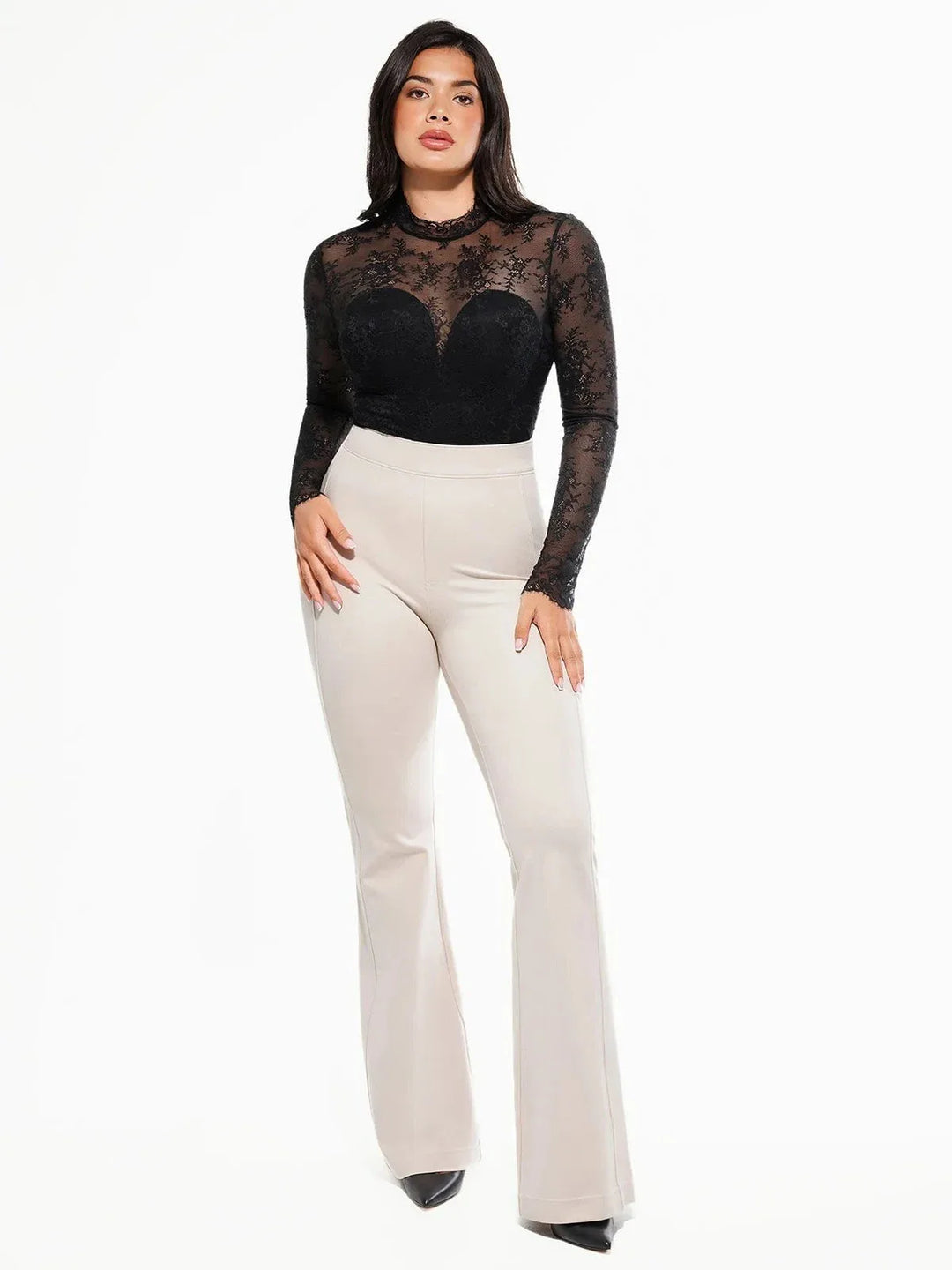 Shapewear Mock Neck Long Sleeve Floral Lace Bodysuit - Modefluss