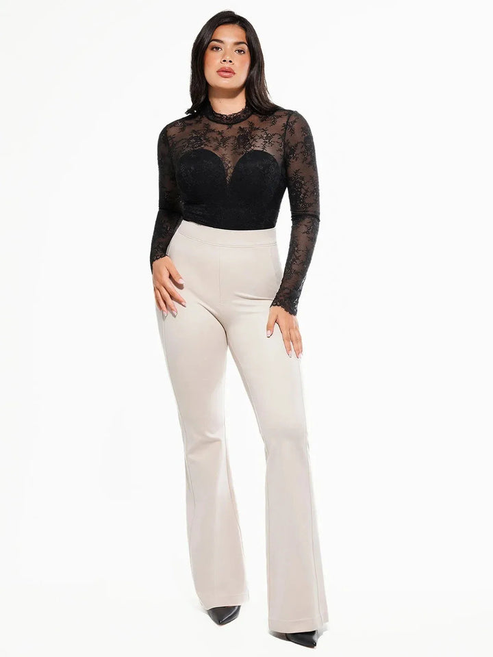 Shapewear Mock Neck Long Sleeve Floral Lace Bodysuit - Modefluss