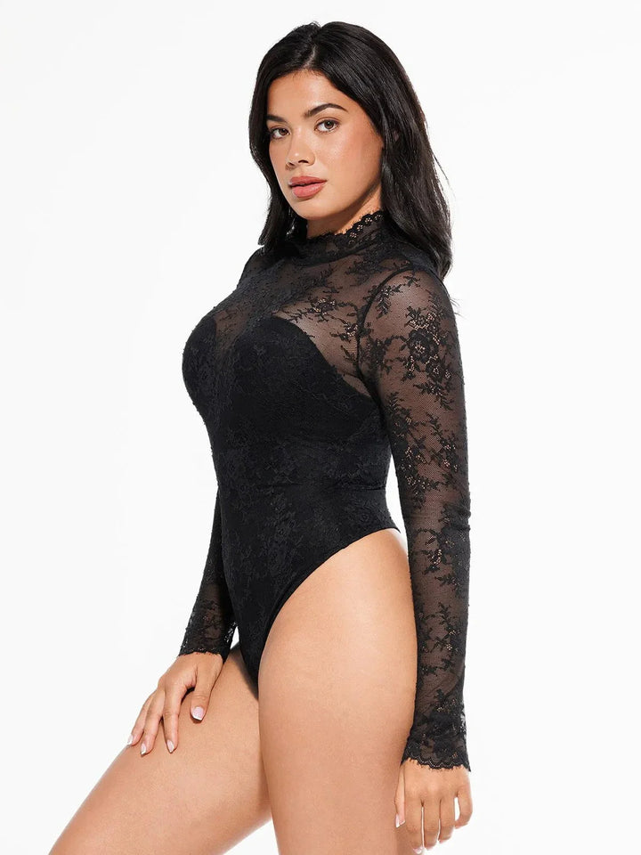 Shapewear Mock Neck Long Sleeve Floral Lace Bodysuit - Modefluss