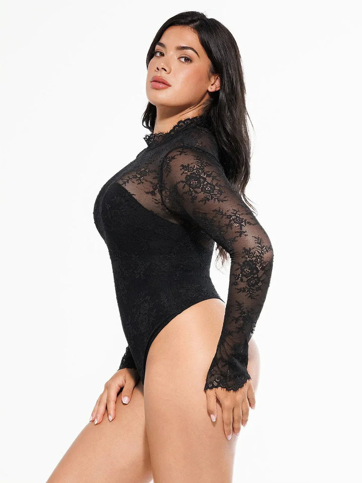 Shapewear Mock Neck Long Sleeve Floral Lace Bodysuit - Modefluss