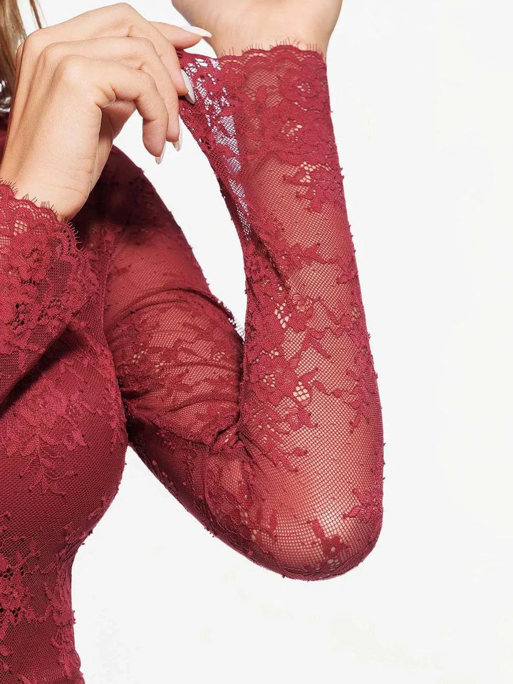 Shapewear Mock Neck Long Sleeve Floral Lace Bodysuit - Modefluss