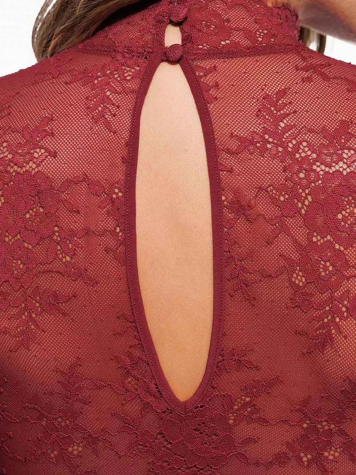 Shapewear Mock Neck Long Sleeve Floral Lace Bodysuit - Modefluss