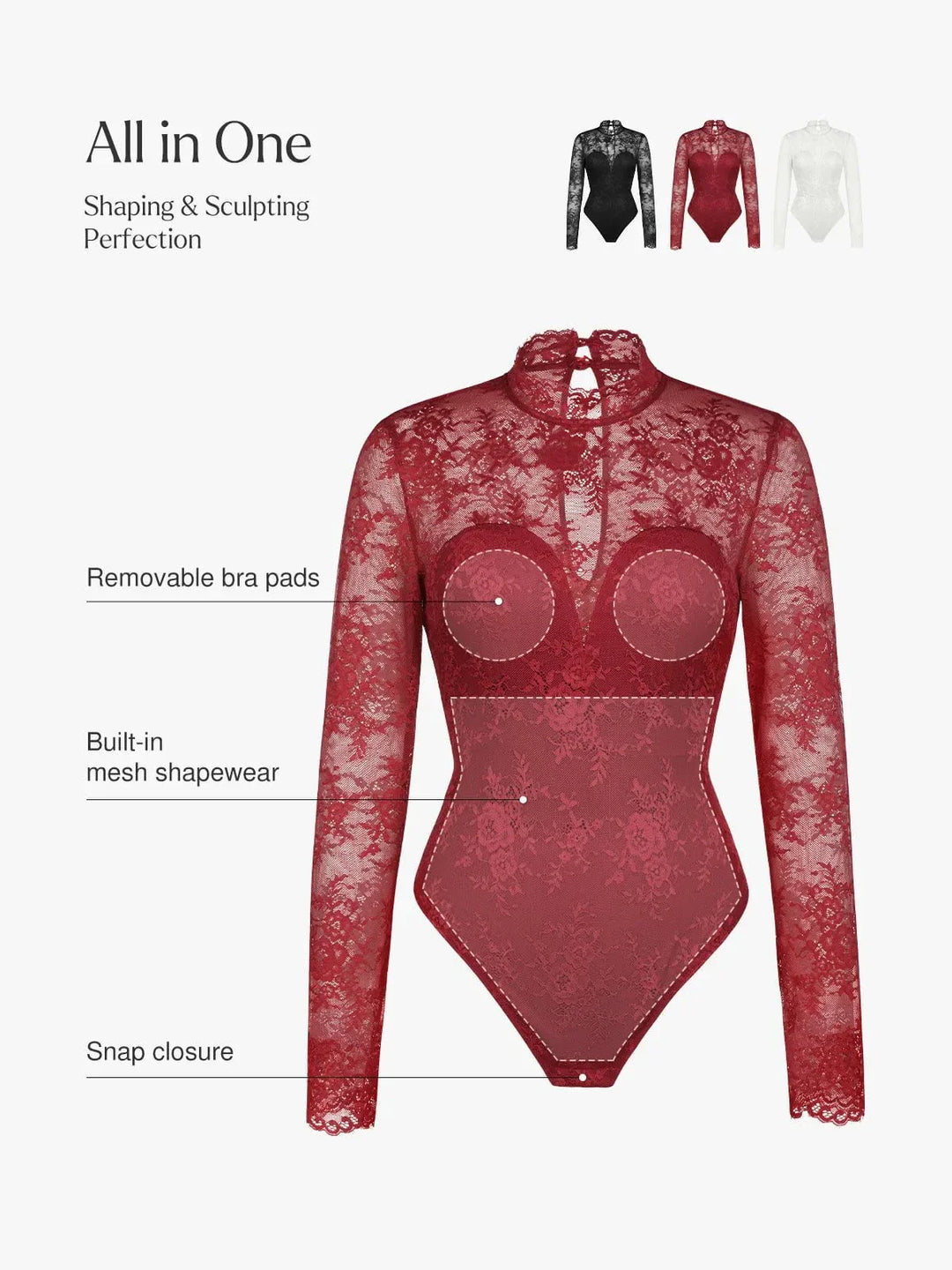 Shapewear Mock Neck Long Sleeve Floral Lace Bodysuit - Modefluss