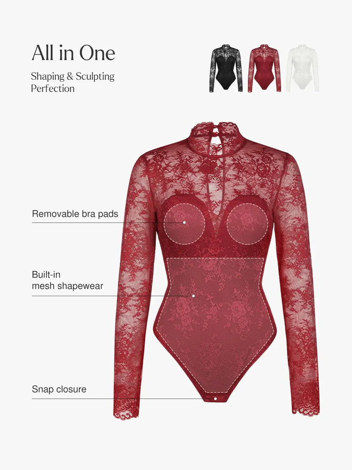 Shapewear Mock Neck Long Sleeve Floral Lace Bodysuit - Modefluss
