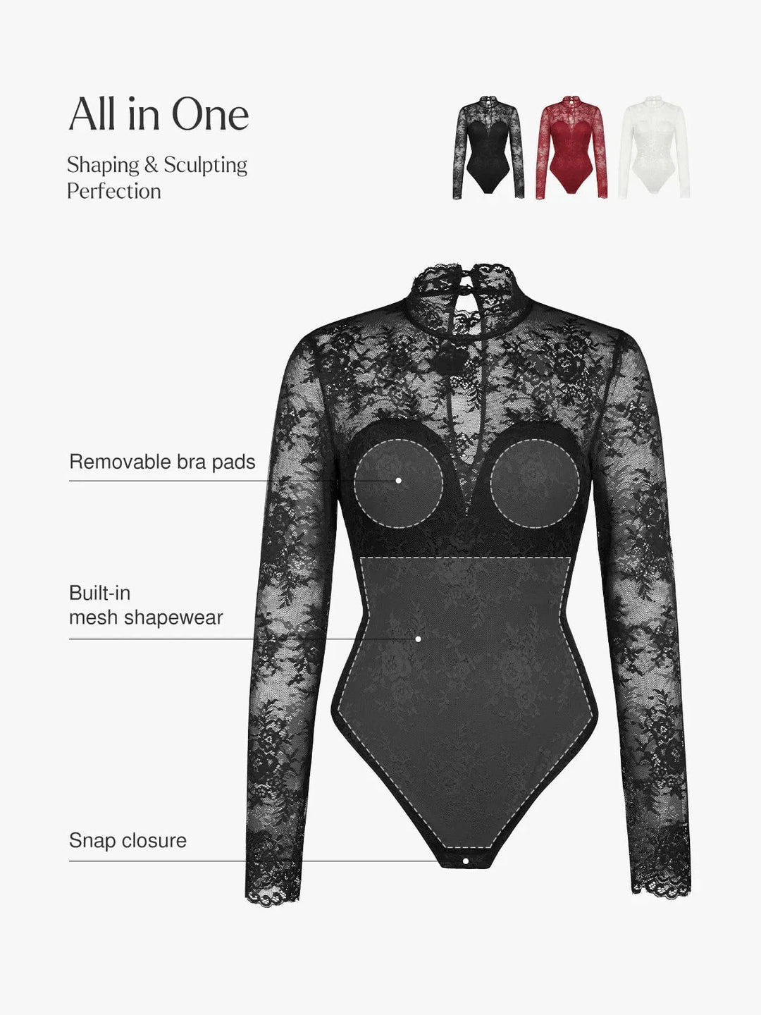 Shapewear Mock Neck Long Sleeve Floral Lace Bodysuit - Modefluss