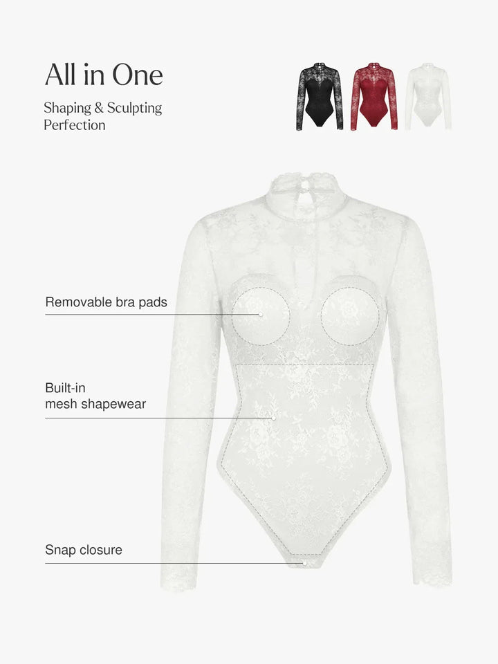Shapewear Mock Neck Long Sleeve Floral Lace Bodysuit - Modefluss