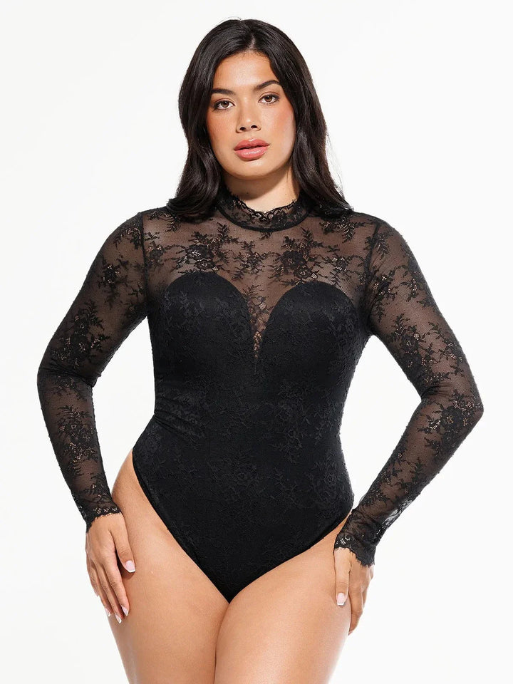 Shapewear Mock Neck Long Sleeve Floral Lace Bodysuit - Modefluss