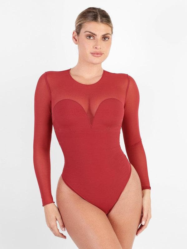 Shapewear Mock Neck Long Sleeve Floral Lace Bodysuit - Modefluss
