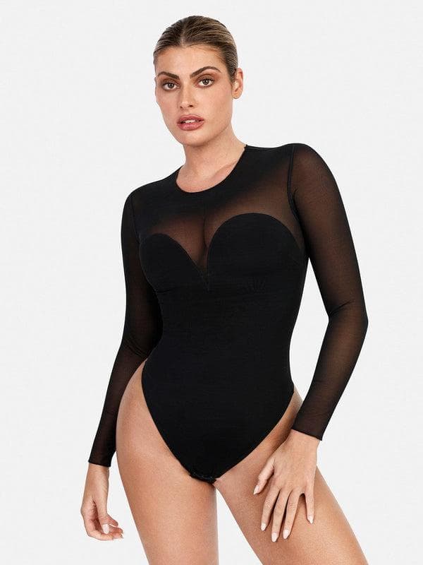 Shapewear Mock Neck Long Sleeve Floral Lace Bodysuit - Modefluss